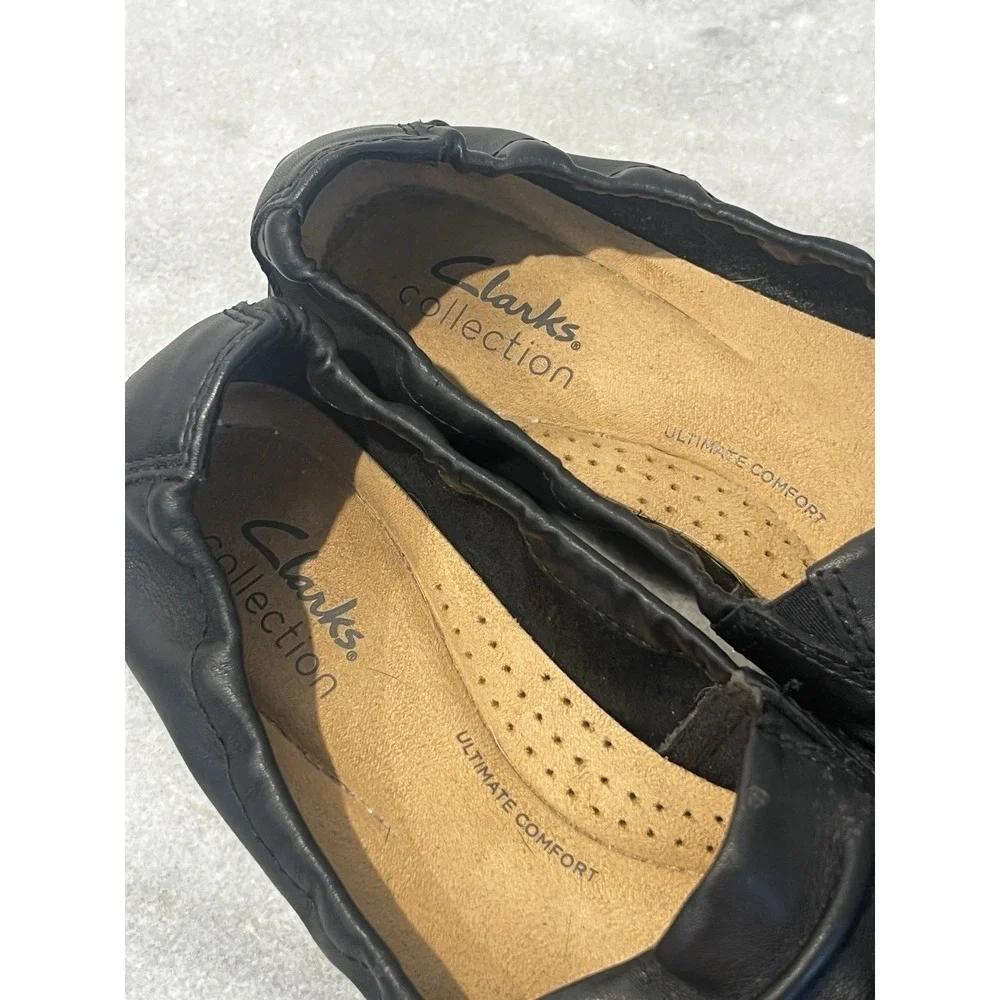 Clarks Black soft Leather Jenette Ruby Ruched Vamp Comfort stretch Flats‎ Size 7